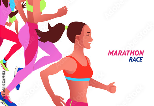 Running multinational people in bright sportswear. Men and women running marathon outdoor.Sports competition, workout or exercise, athletics. Active lifestyle. Colorful vector illustration.