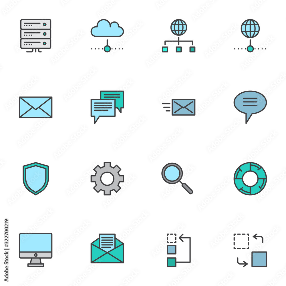 Business data filled outline icons set, line vector symbol collection, SEO database linear colorful pictogram pack. Signs, logo illustration, Set includes icons as computer monitor, network connection