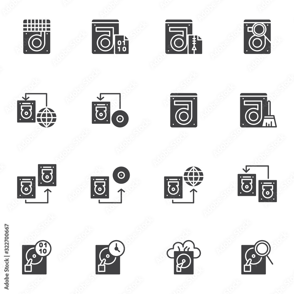 Data recovery vector icons set, modern solid symbol collection, filled style pictogram pack. Signs, logo illustration. Set includes icons as HDD analyzing, data server connection, cloud storage copy Data recovery vector icons set, modern solid symbol collection, filled style pictogram pack. Signs, logo illustration. Set includes icons as HDD analyzing, data server connection, cloud storage copy