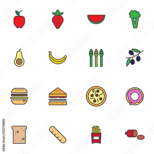 Fresh food filled outline icons set, line vector symbol collection, linear colorful pictogram pack. Signs, logo illustration, Set includes icons as sandwich, hamburger, fast food, pizza, french fries