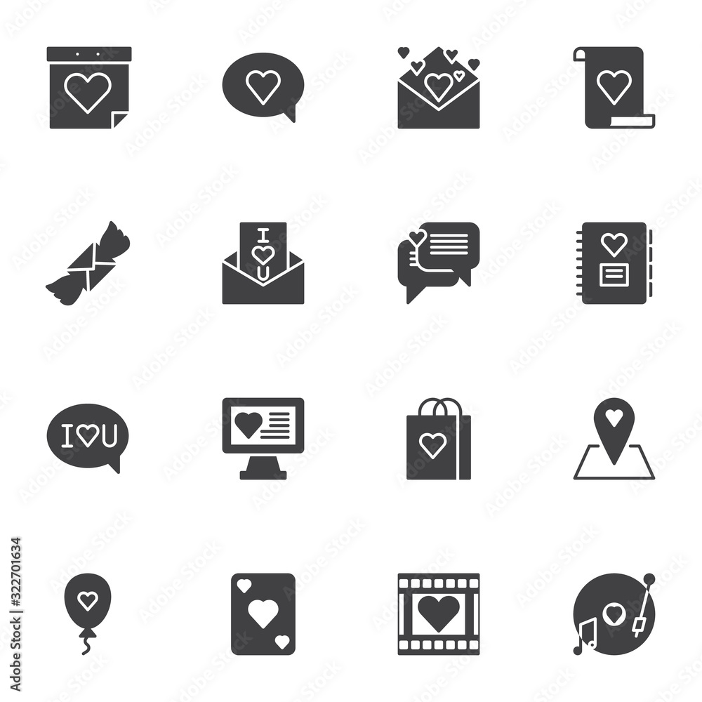 Valentines day vector icons set, modern solid symbol collection, filled style pictogram pack. Signs, logo illustration. Set includes icons as calendar day, love message, invitation card, romantic Valentines day vector icons set, modern solid symbol collection, filled style pictogram pack. Signs, logo illustration. Set includes icons as calendar day, love message, invitation card, romantic