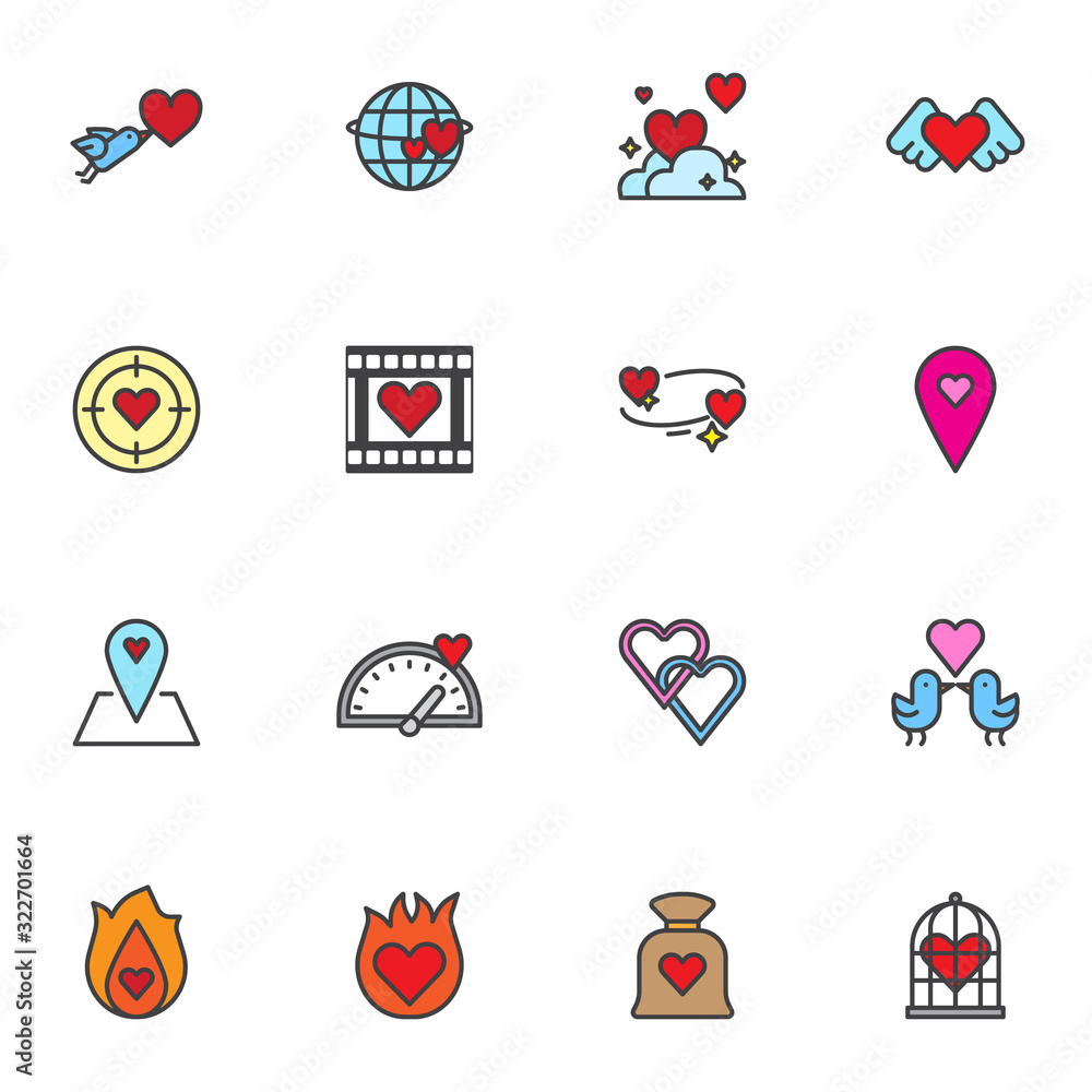 Valentines day filled outline icons set, line vector symbol collection, Love, romance linear colorful pictogram pack. Signs, logo illustration, Set includes icons as burning heart, world globe, birds