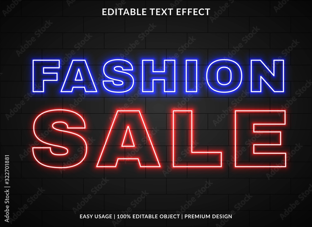 fashion sale text effect template with glowing type style and neon text concept use for brand label and logotype 
