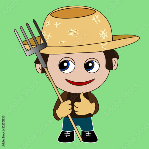 emoji with smirking boy farmer that is wearing overalls, old worn patched straw hat and holding  pitchfork, simple colored vector emoticon