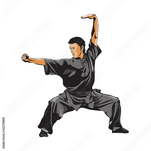 A man shows a standing position of Wushu. Wushu art. Kung Fu. Vector illustration photo