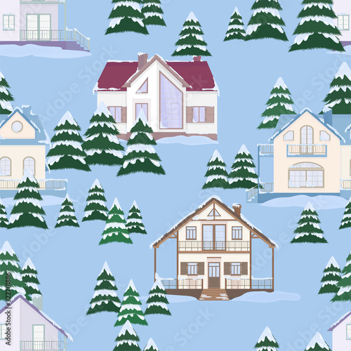 Vector seamless pattern of suburban family houses and fir trees.