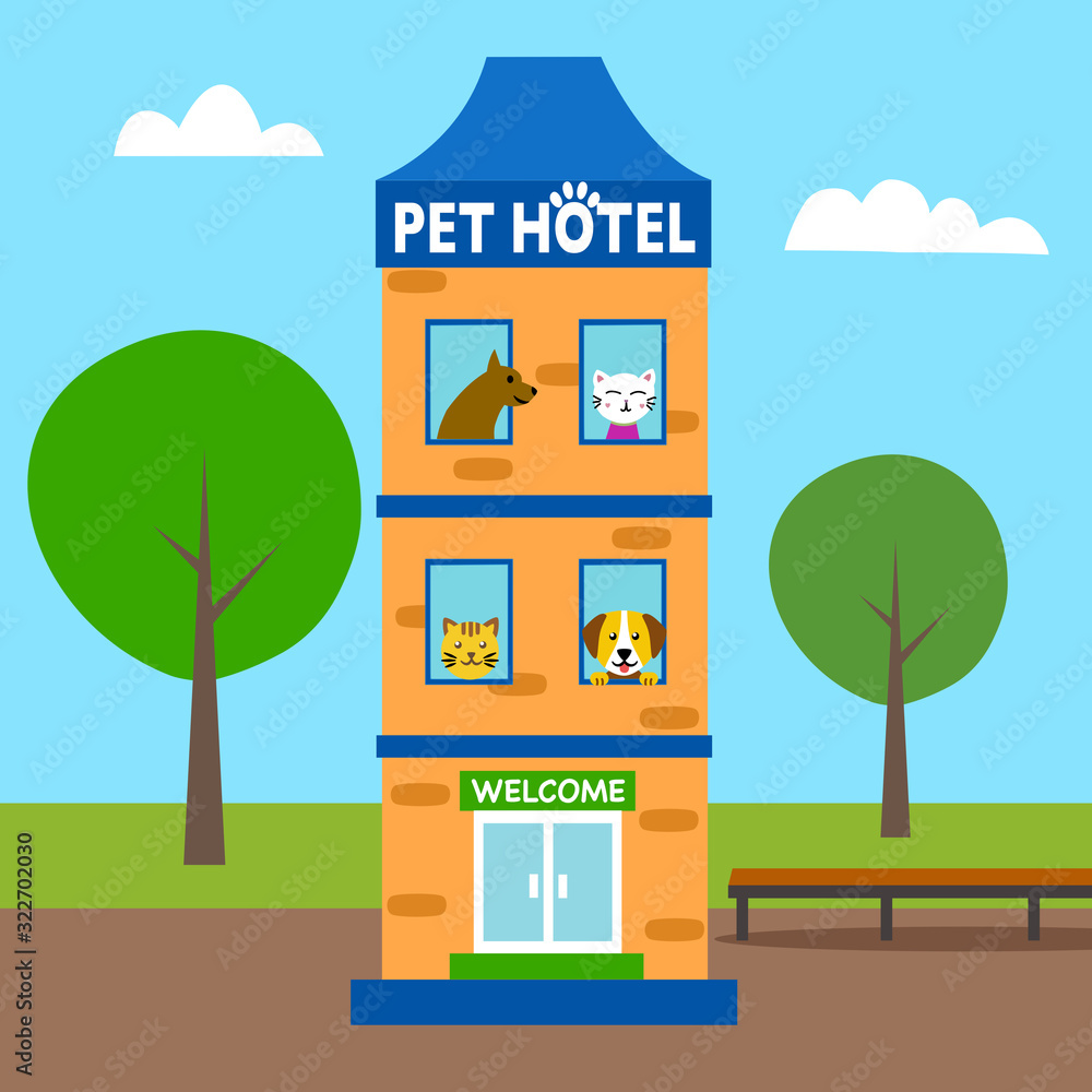Pet hotel concept vector illustration. Dogs and cats stay in hotel for pet.
