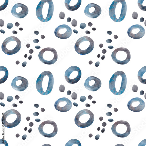 Watercolor Abstraction Seamless Pattern of Blue, gray and brown pebble stones, stiks and circles. Isolated on White Background. photo