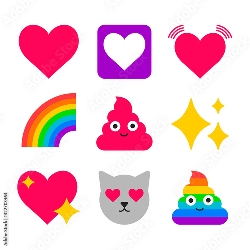 Funny emoticons for messages. Cat, heart, rainbow. Funny icons isolated on a white background