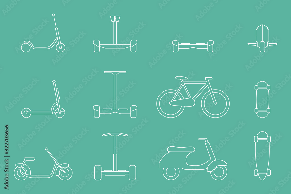 Eco-friendly transport Icons set - Vector outline minimal symbols of scooter, monowheel, hoverboard, bicycle and skateboard for the site or interface Eco-friendly transport Icons set - Vector outline minimal symbols of scooter, monowheel, hoverboard, bicycle and skateboard for the site or interface