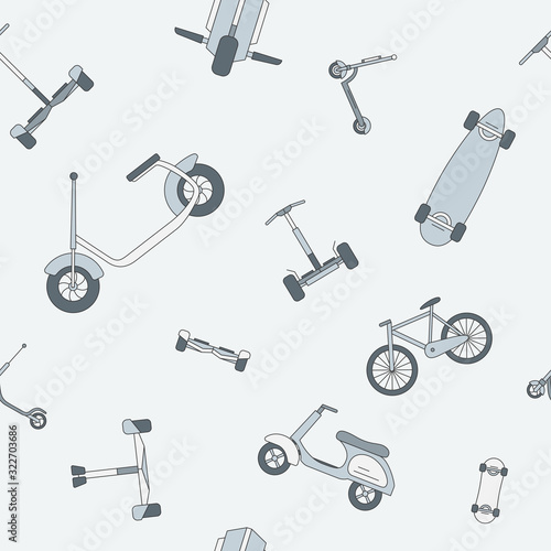 Eco-friendly transport background - Vector color seamless pattern of scooter, monowheel, hoverboard, bicycle and skateboard for graphic design