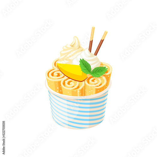 Basket of stir fried yellow ice cream rolls under whipped cream decorated with mango slice. Vector illustration cartoon flat icon isolated on white.