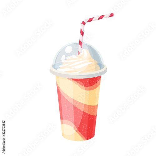 Colorful fruit milkshake design. Plastic cup with lid and straw, full of fruit milk shake. Vector illustration cartoon flat icon isolated on white.