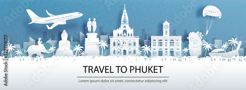 Travel advertising with travel to Phuket, Thailand concept with panorama view of city skyline and world famous landmarks in paper cut style vector illustration.