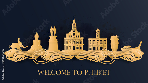 Watercolor of Phuket, Thailand silhouette skyline and famous landmark. vector illustration.
