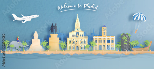 Welcome to Phuket, Thailand travel concept with world famous landmarks of Thailand in paper cut style vector illustration.