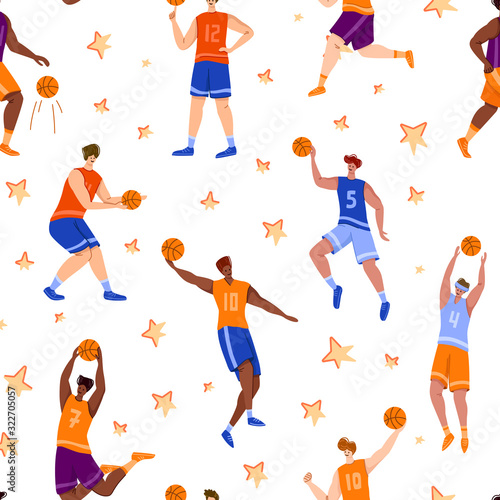 Basketball players seamless pattern - muscular people with ball run and jump, sport team traning, endless texture or background for textile, digital paper or wrap - vector illustration