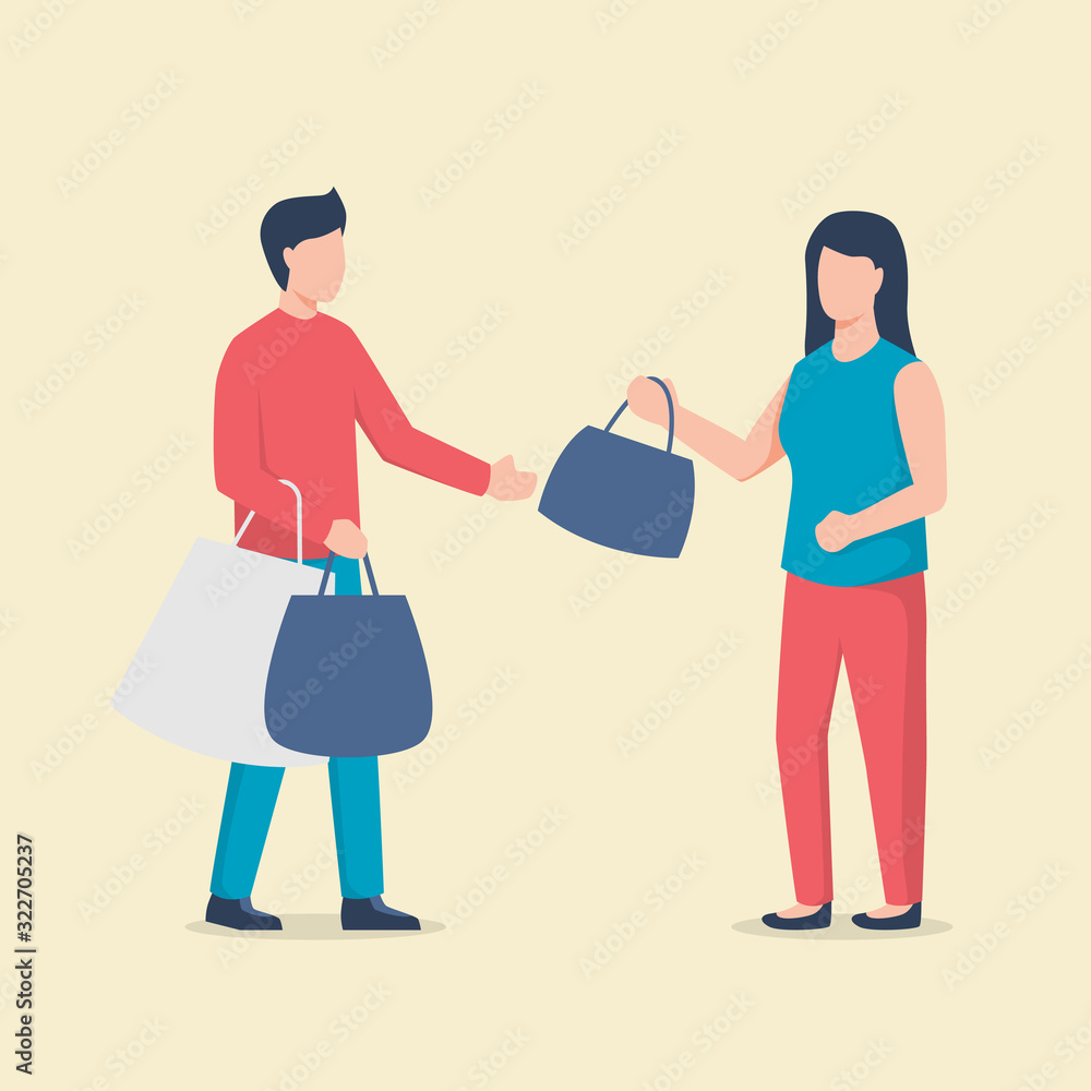 couple man and woman shopping with many shopping hand bag isolated