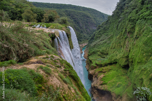 Aerial drone shot of the water fall Tamul in San Luis Potosi Mexico