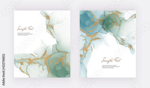 Green alcohol ink cards. Abstract hand painted background. Fluid art painting design. Trendy template for banner, flyer, wedding invitation, product package