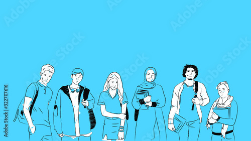 group of diverse college students with different fashion style standing together holding books simple hand drawn design style minimal vector illustration