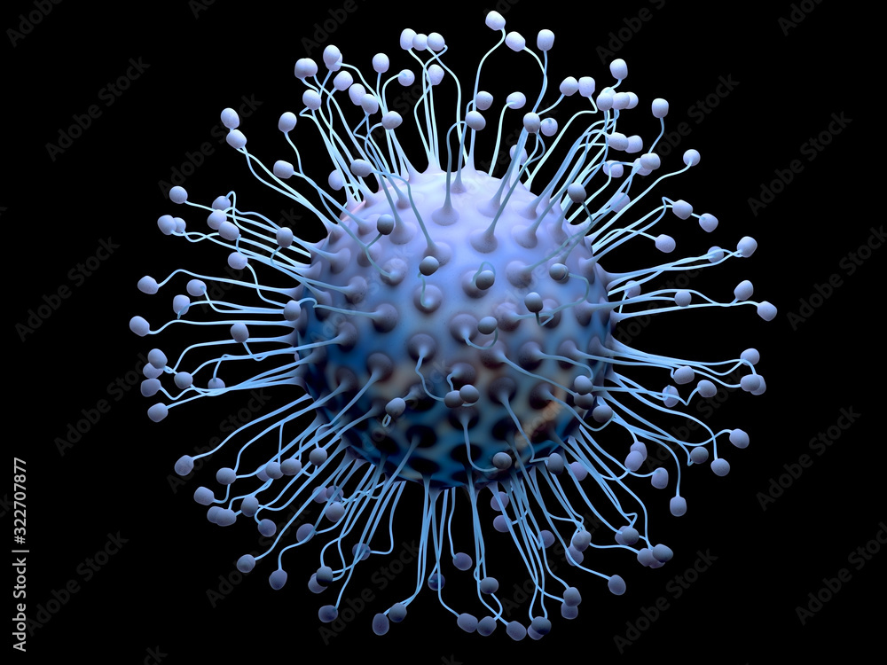 3d render of abstract bacteria or virus in spherical shape with long antennas with small balls on the end in blue color in matte silicon rubber material with glowing core inside on black background 3d render of abstract bacteria or virus in spherical shape with long antennas with small balls on the end in blue color in matte silicon rubber material with glowing core inside on black background