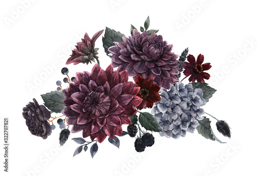Beautiful bouquet composition with watercolor dark blue, red and black dahlia hydrangea flowers Fototapet