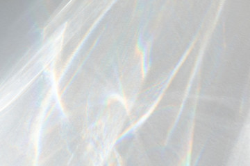 Water texture overlay effect for photo and mockups. Organic drop diagonal shadow caustic effect with rainbow refraction of light on a white wall.