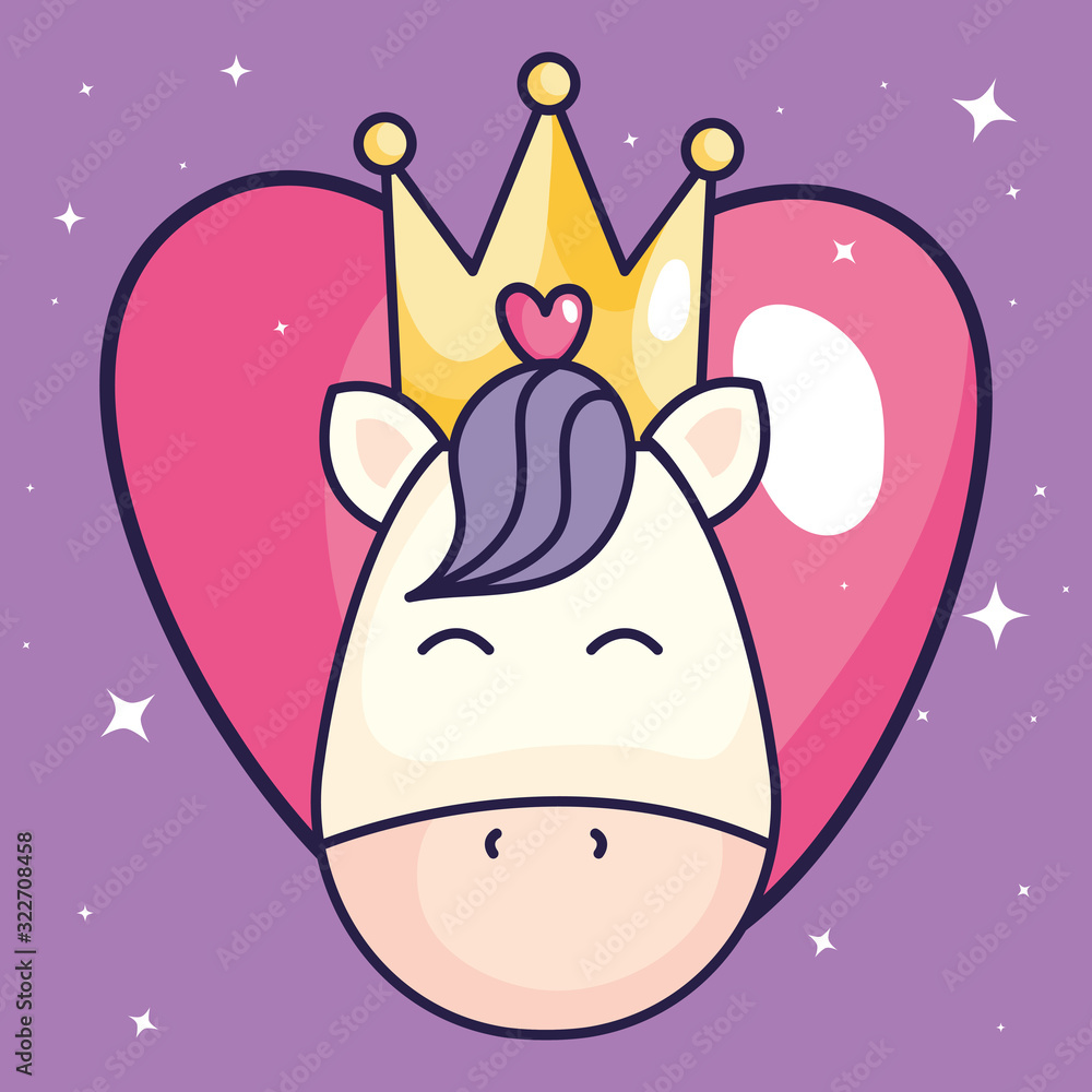 head of cute unicorn with crown and heart vector illustration design