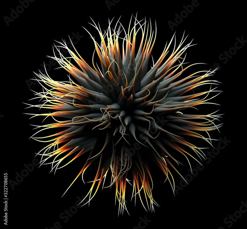 3d render of abstract micro organism as bacteria or virus with poison antennas or tentacles with gradient from dark black to orange yellow color on black background 