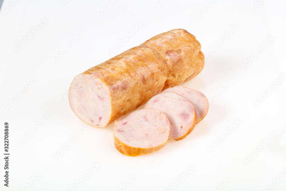 Tasty meat sausages over white background Tasty meat sausages over white background