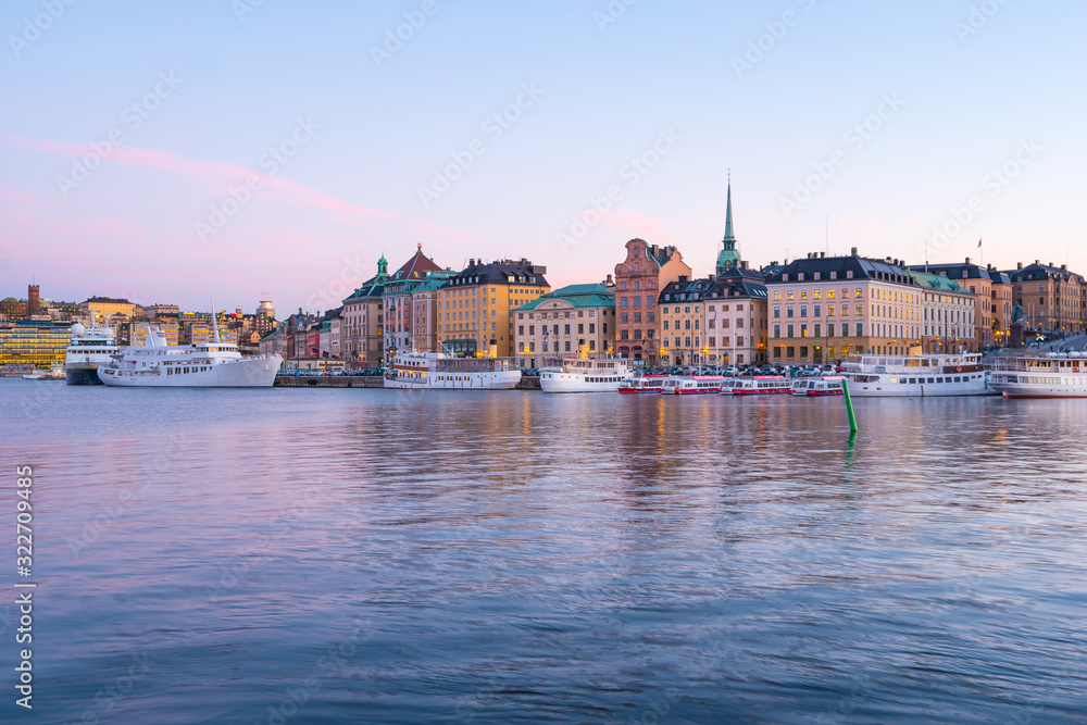 Stockholm city skyline with landmark buildings at twilight in Stockholm, Sweden