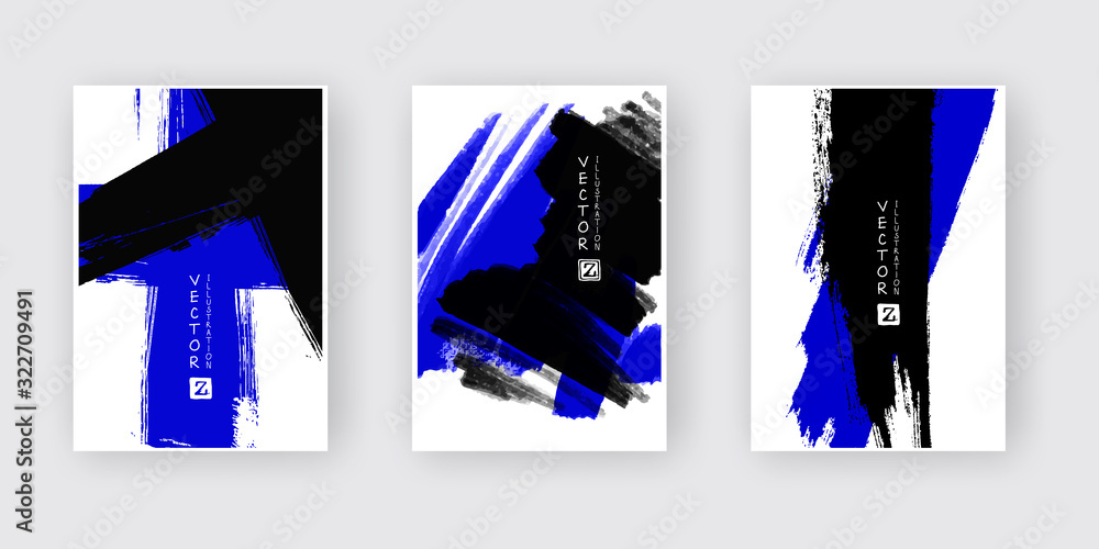 Banners with abstract black blue ink wash painting in East Asian style.