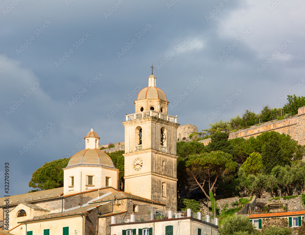 Romanesque San Lorenzo Church in a seaside town, Italian Riviera, Porto Venere, Italy