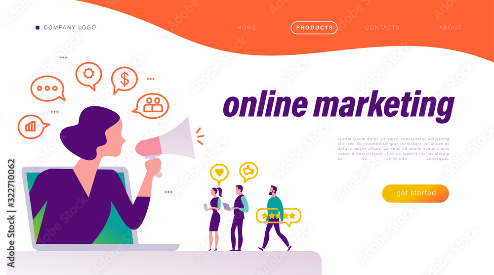 Online marketing concept. People at laptop with review icons, woman with megaphone metaphor. Communication, strategy, finance icons. Landing page design template. Vector flat illustration. 