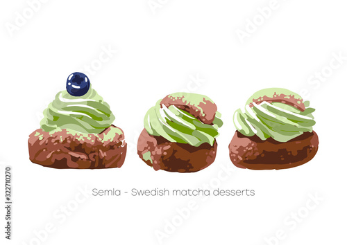 Semla. Traditional swedish desserts with whipped matcha cream.