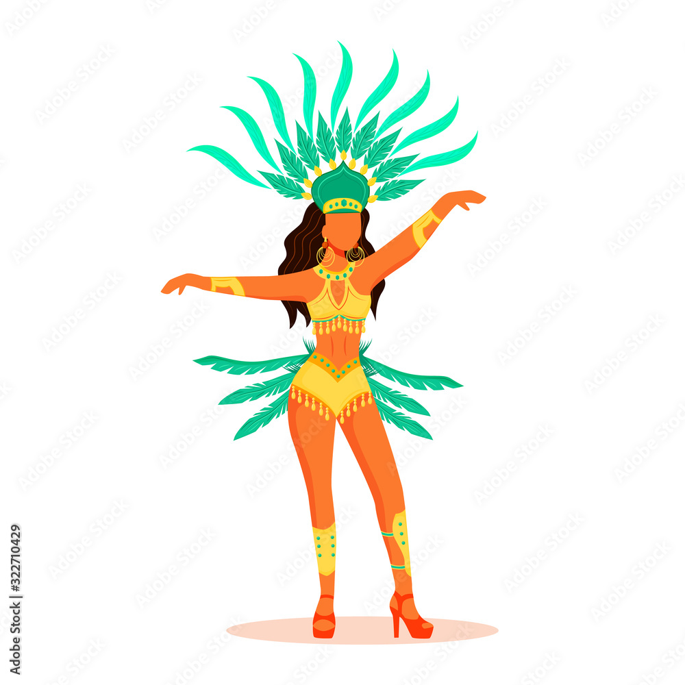 Lady in body adornment and carnival clothing flat color vector faceless character. Standing woman in green crown with plumage isolated cartoon illustration for web graphic design and animation Lady in body adornment and carnival clothing flat color vector faceless character. Standing woman in green crown with plumage isolated cartoon illustration for web graphic design and animation