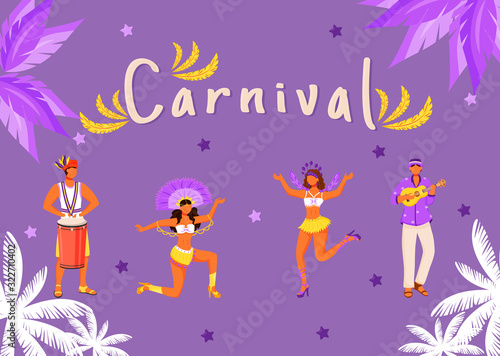 Carnival banner flat vector template. Horizontal poster with concepts design. Brazilian parade. Men playing on tumbadora cartoon illustration with typography. Dancing women on purple background