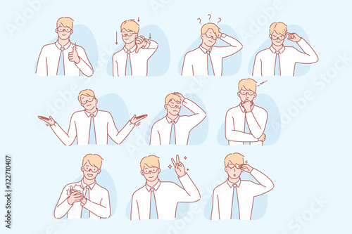Businessmans gestures and facial expresion set concept