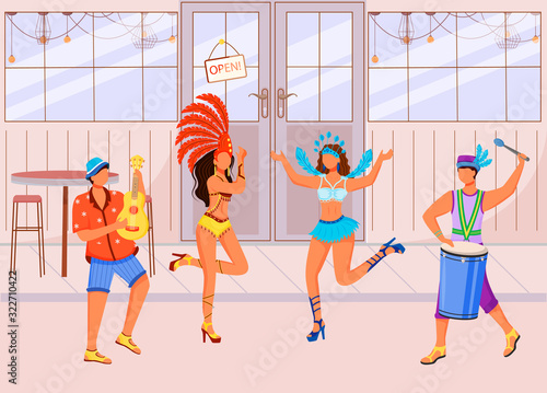 Brazilian carnival flat color vector illustration. Dancing women in festive clothing. Ethnic holiday. Standing males playing ukulele and conga 2D cartoon characters with cafe on background