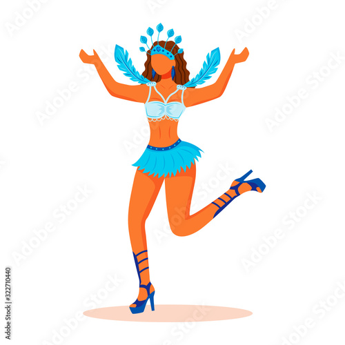 Samba dancer flat color vector faceless character. Lady in blue carnival clothing with plumage. Woman in top and short skirt isolated cartoon illustration for web graphic design and animation