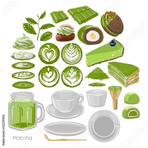 Collection of empty cups and dishes with different versions of fillings, matcha desserts and green tea leaves