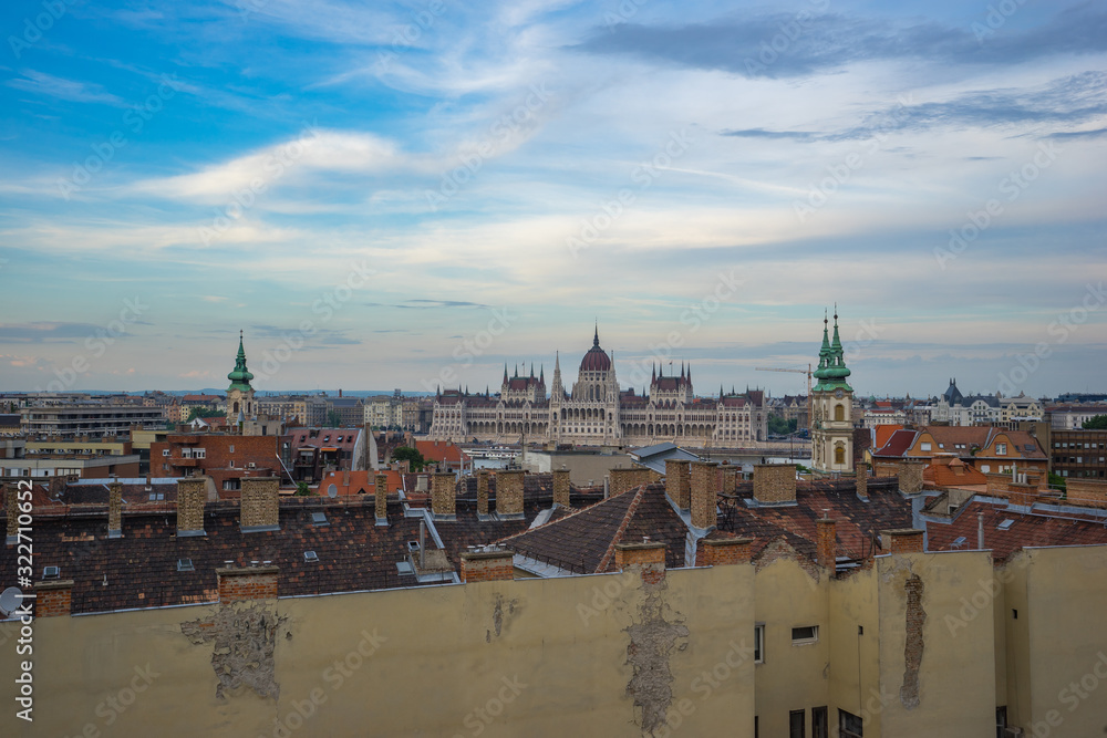 Budapest city skyline with view of Pest bank of Danube River in Budapest city, Hungary