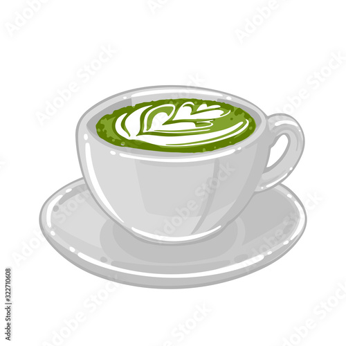 Round cup of matcha coffee or tea with milk botanical art.