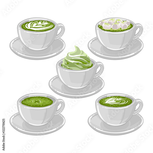 Round cups of matcha coffee or tea with milk botanical art, whipped cream and marshmallows