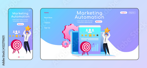 Marketing automation adaptive landing page flat color vector template. Smiling male with star mobile, PC homepage layout. Arrow in target page website UI. Client service webpage cross platform design