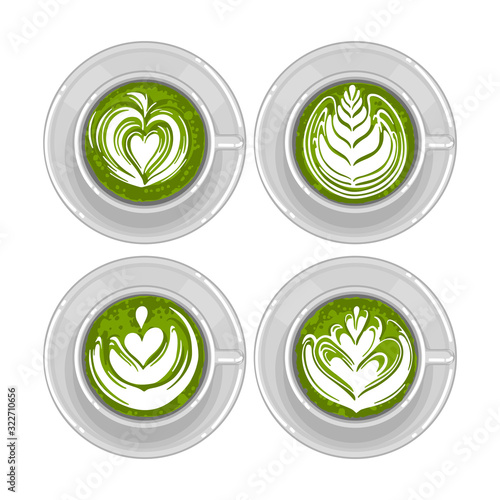 Round cups of matcha coffee or tea with milk botanical art.