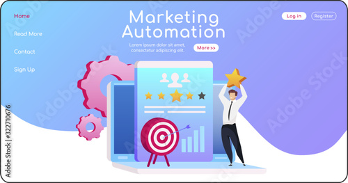 Marketing automation landing page flat color vector template. Man keeps star homepage layout. Arrow in target one page website interface with cartoon character. CRM system web banner, webpage
