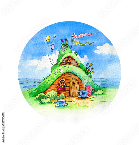 Fairytale house with flower beds and coffee cups in a round frame. Watercolor illustration, handmade. © grusha_i_vishenka 