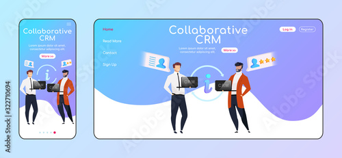 Collaborative CRM adaptive landing page flat color vector template. Smiling businessmen mobile, PC homepage layout. Client data sharing one page website UI. Cooperation webpage cross platform design